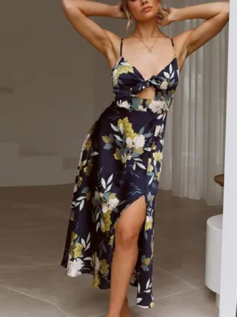 Petal & Pup Floral Tie-Front Maxi Dress in Navy and Sage
